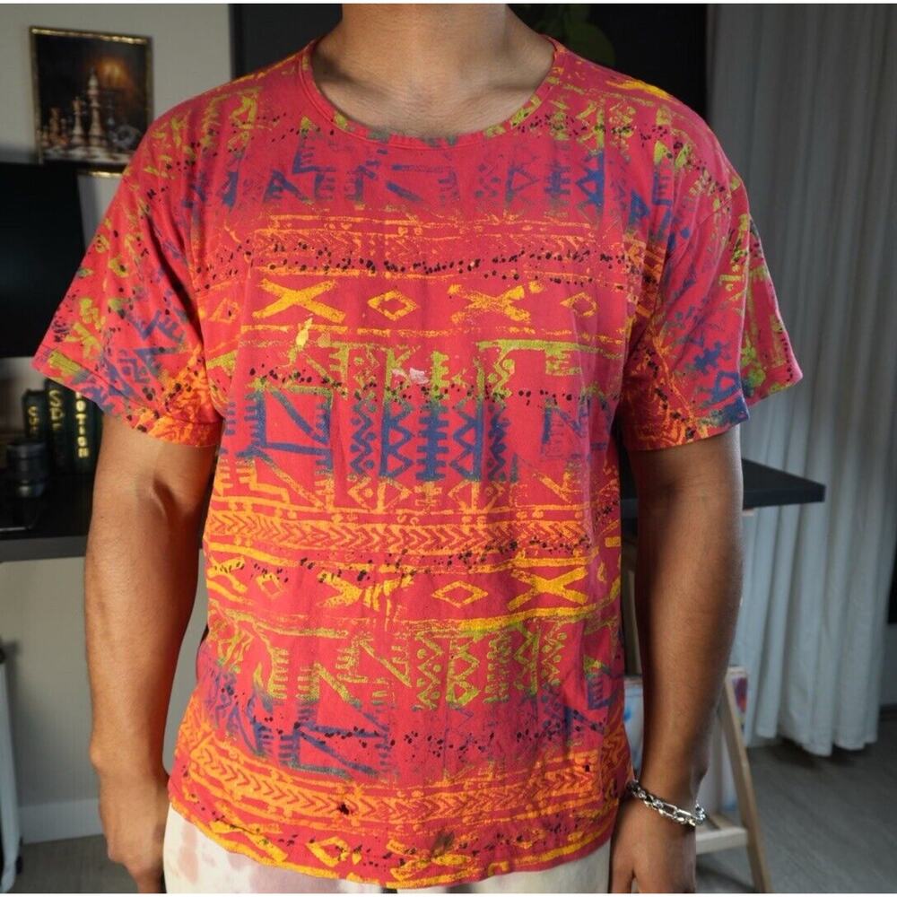 Vintage EZL Tribal Tee Shirt One Size USA Short Sleeve 90s Paint Distressed
